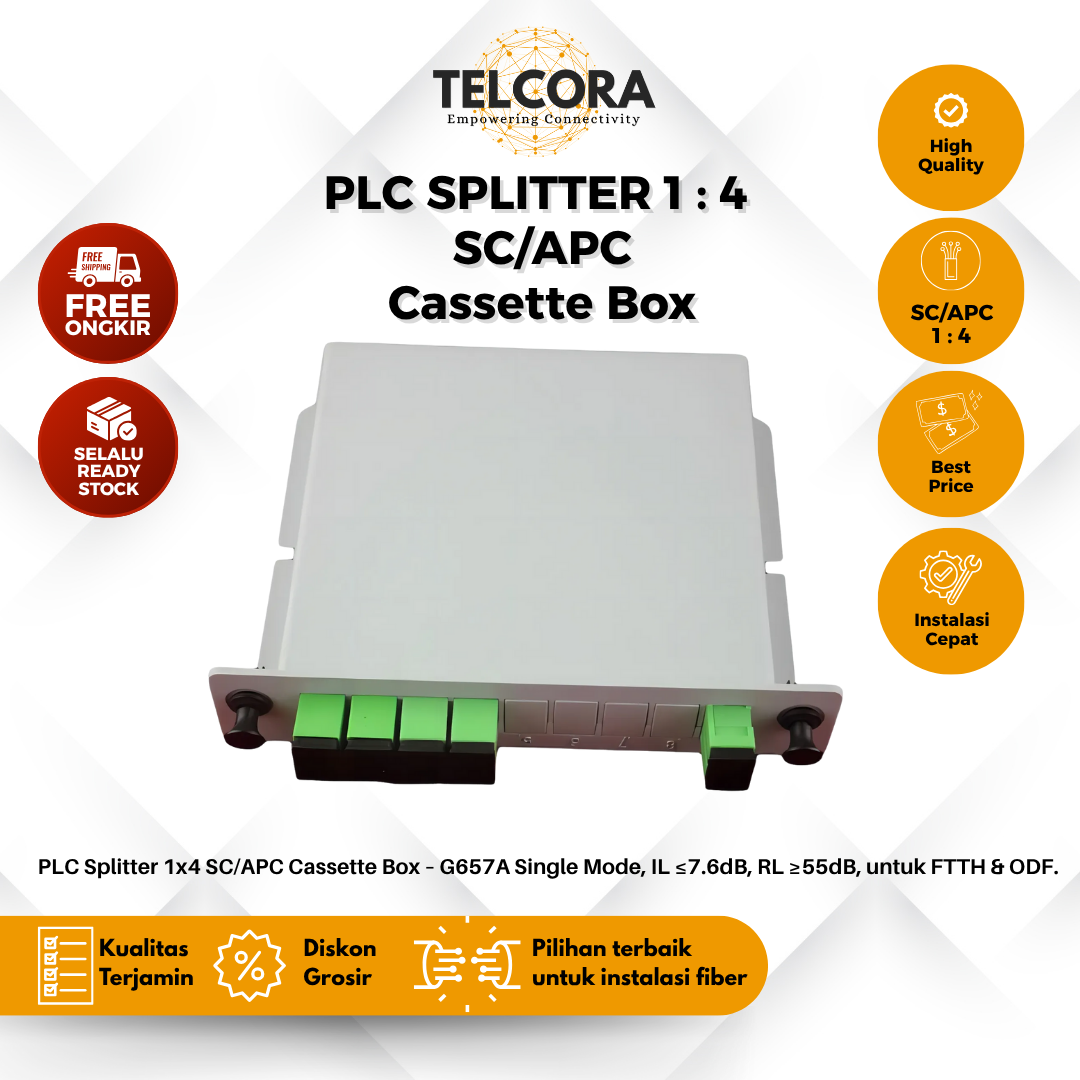 TELCORA Fiber Optic Passive Splitter PLC 1:4 SC/APC Cassette Box FTTH - Gambar 2