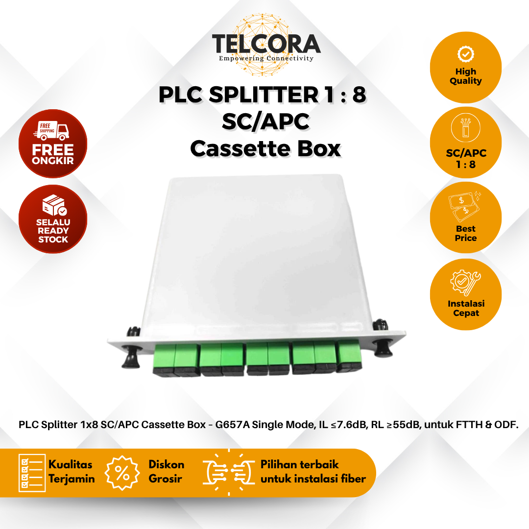 TELCORA Fiber Optic Passive Splitter PLC 1:8 SC/APC Cassette Box FTTH - Gambar 2