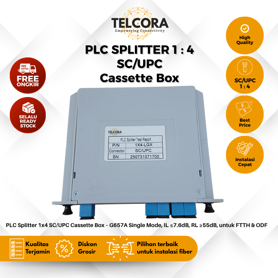 TELCORA Fiber Optic Passive Splitter PLC 1:4 SC/UPC Cassette Box FTTH - Gambar 3