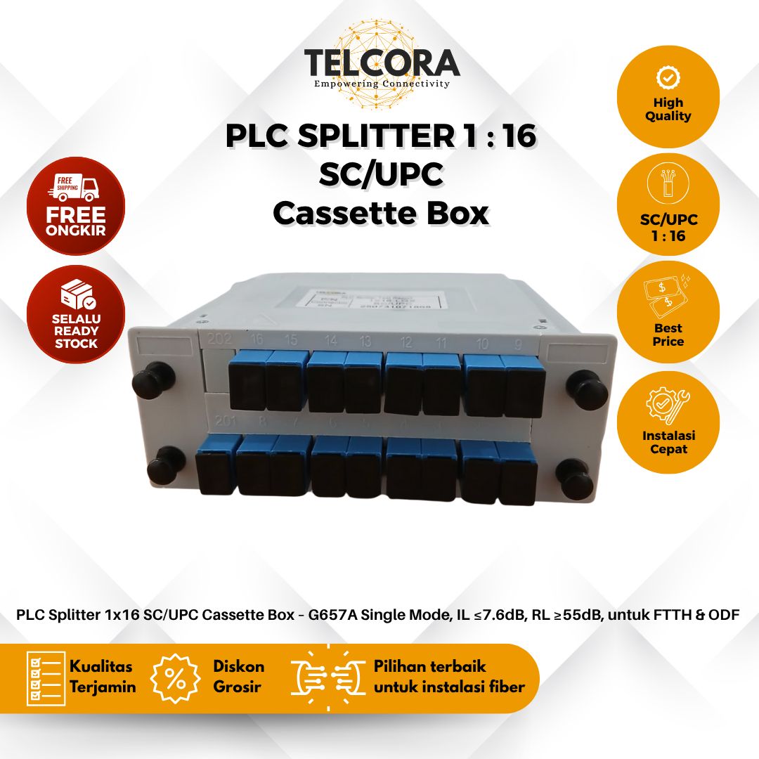 TELCORA Fiber Optic Passive Splitter PLC 1:16 SC/UPC Cassette Box FTTH - Gambar 3