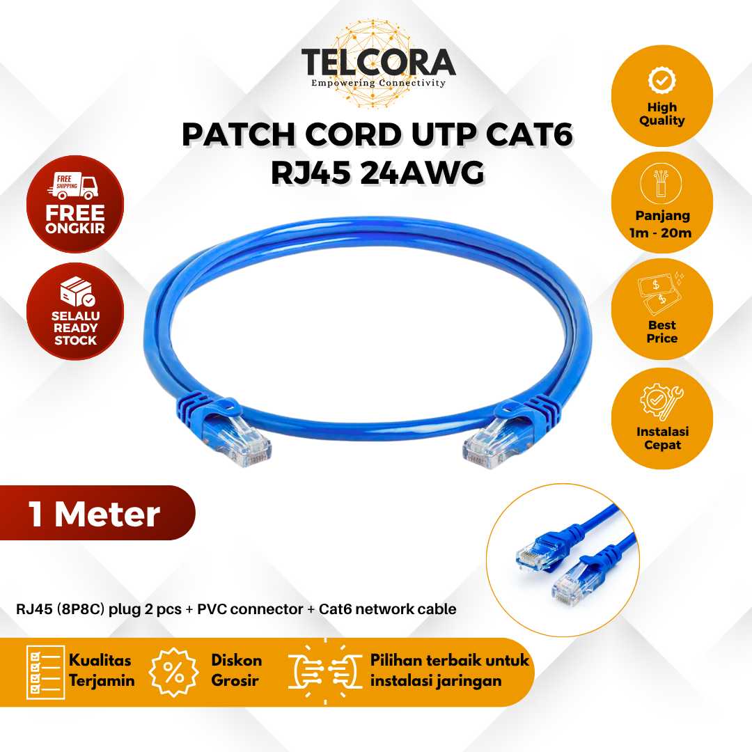 TELCORA Kabel LAN Patch Cord UTP Cat6 RJ45 CU (Copper) PVC Gigabit Ethernet - Gambar 2