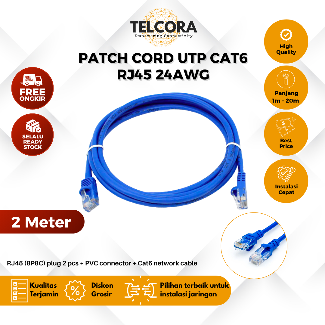 TELCORA Kabel LAN Patch Cord UTP Cat6 RJ45 CU (Copper) PVC Gigabit Ethernet - Gambar 3