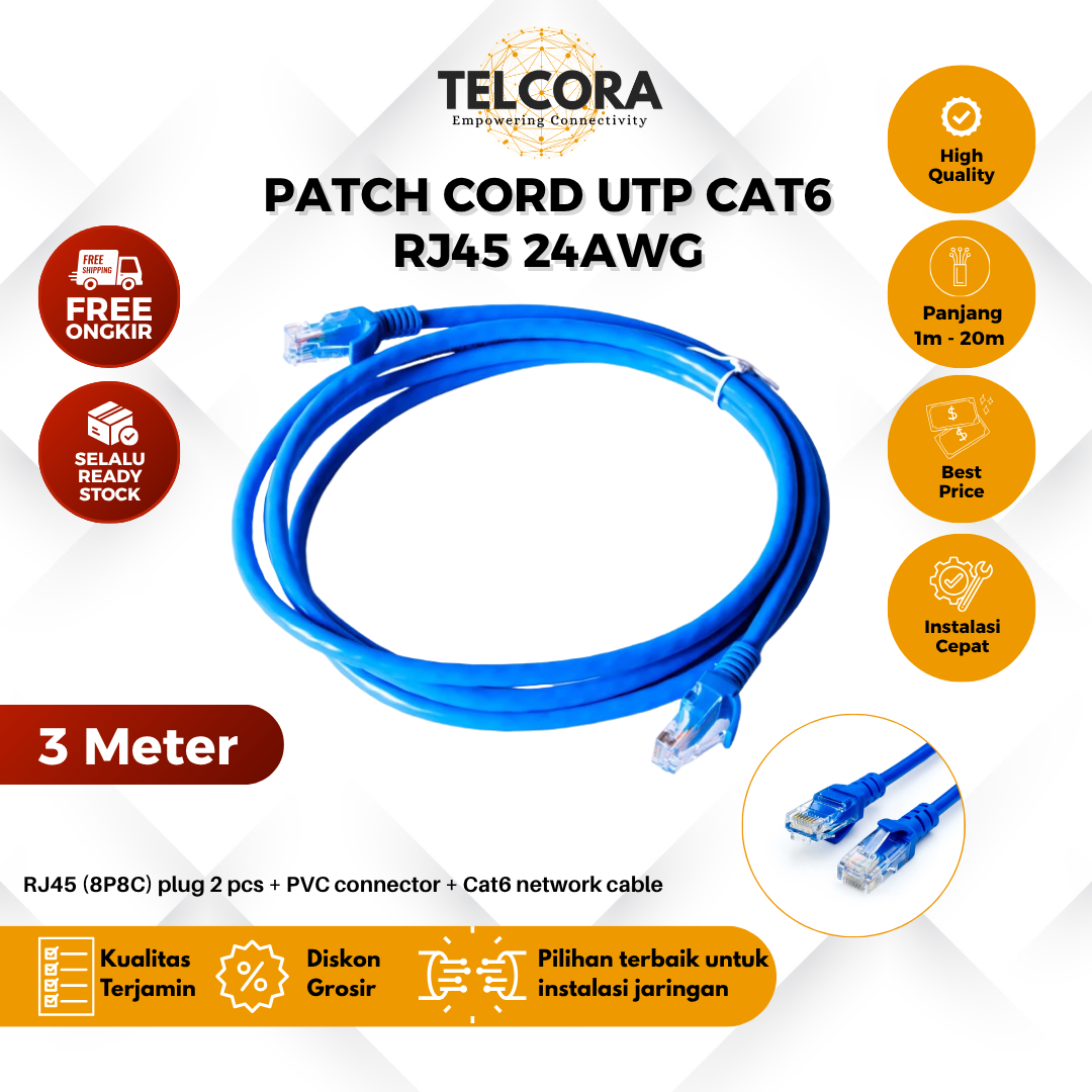 TELCORA Kabel LAN Patch Cord UTP Cat6 RJ45 CU (Copper) PVC Gigabit Ethernet - Gambar 4