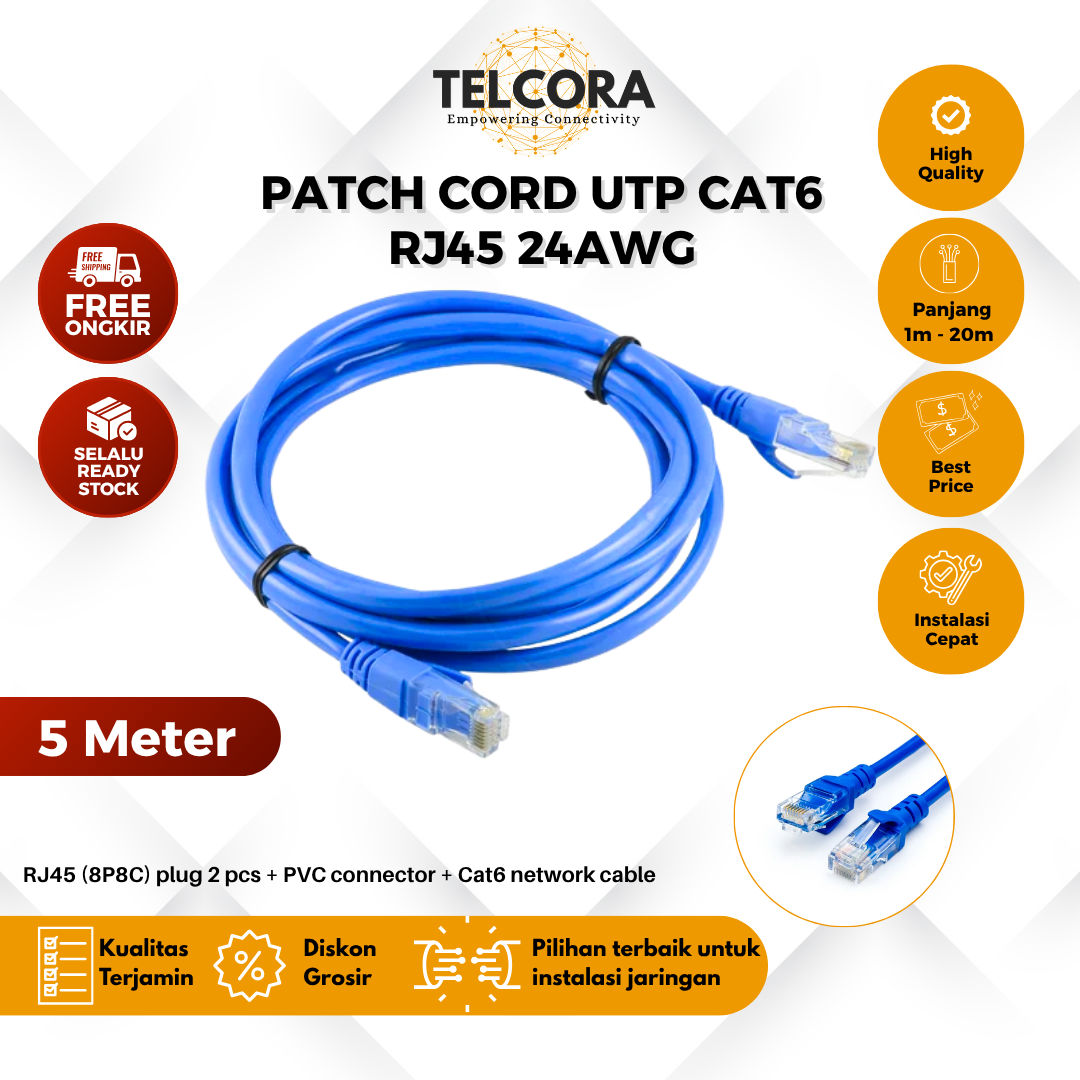TELCORA Kabel LAN Patch Cord UTP Cat6 RJ45 CU (Copper) PVC Gigabit Ethernet - Gambar 5
