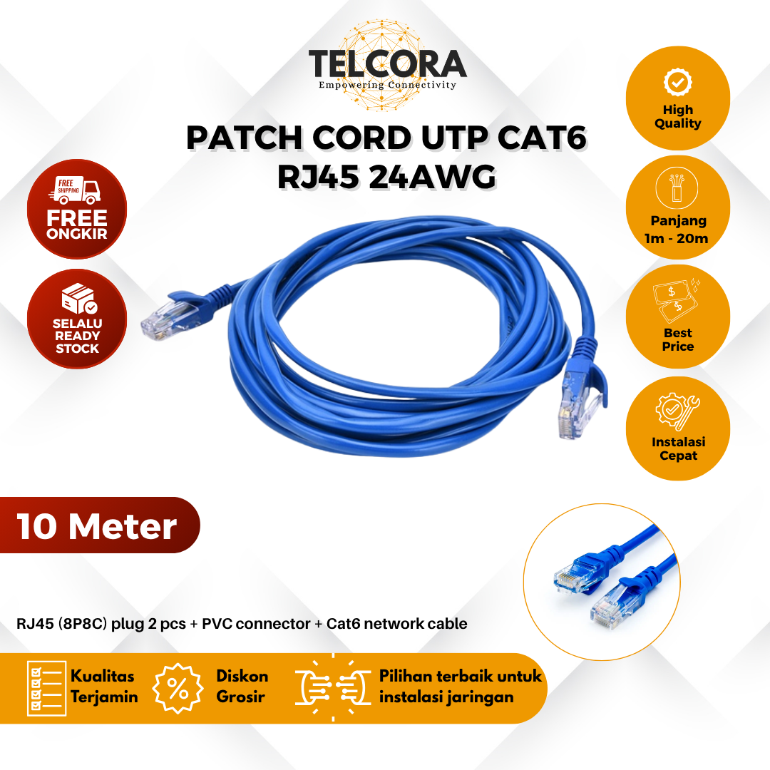 TELCORA Kabel LAN Patch Cord UTP Cat6 RJ45 CU (Copper) PVC Gigabit Ethernet - Gambar 6