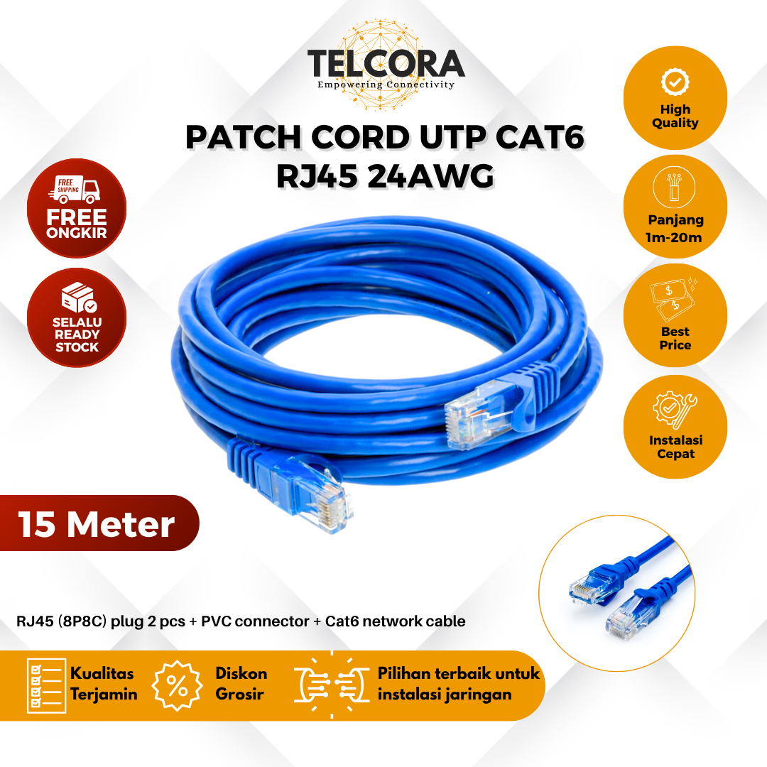 TELCORA Kabel LAN Patch Cord UTP Cat6 RJ45 CU (Copper) PVC Gigabit Ethernet - Gambar 7