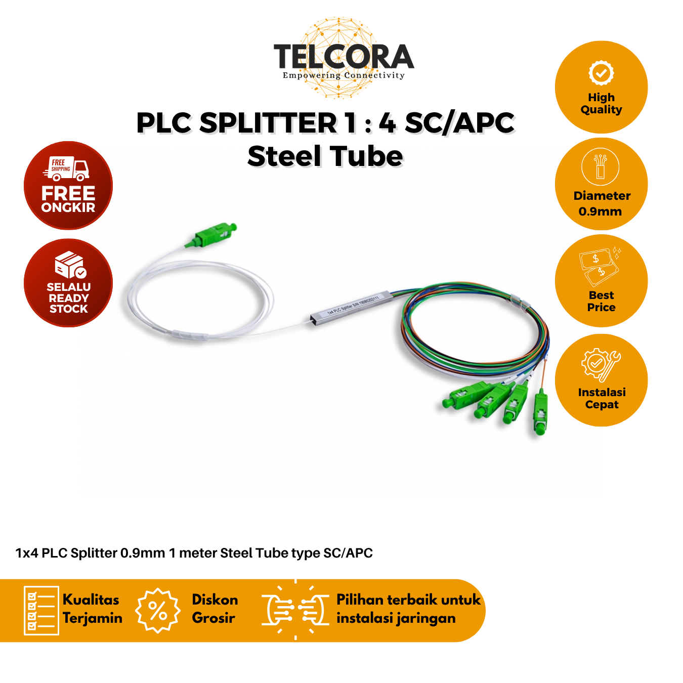 TELCORA Fiber Optic PLC Splitter 1X4 Steel Tube SC/APC 1:4 SM Singlemode 0.9mm 1 Meter - FTTH - Gambar 3