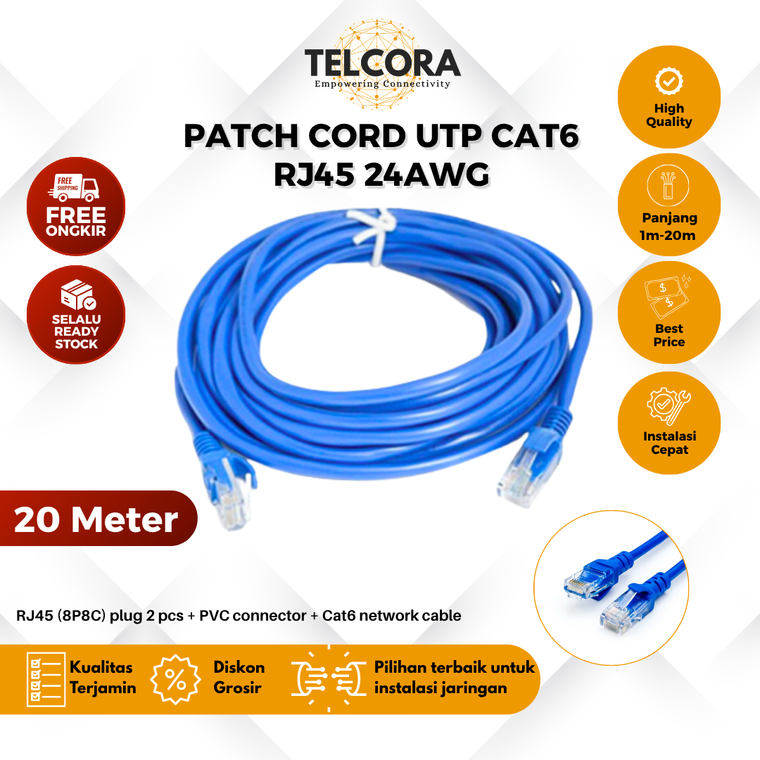 TELCORA Kabel LAN Patch Cord UTP Cat6 RJ45 CU (Copper) PVC Gigabit Ethernet - Gambar 8