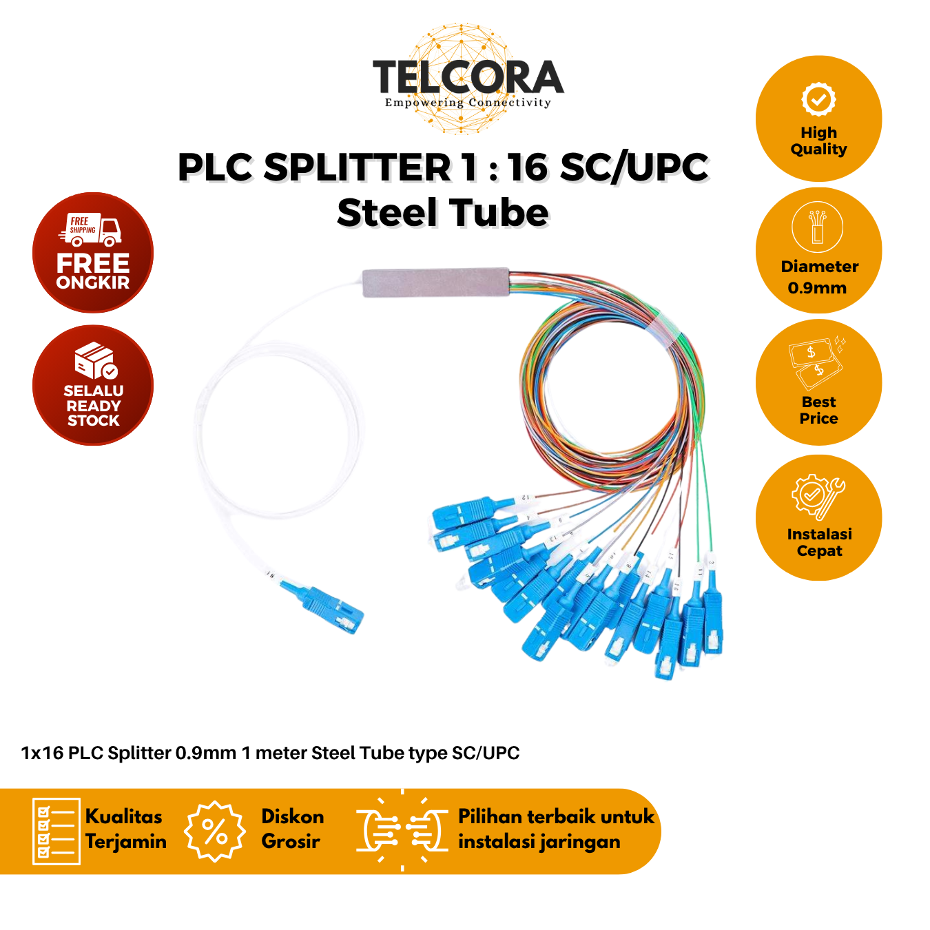 TELCORA Fiber Optic PLC Splitter 1X16 Steel Tube SC/UPC 1:16 SM Singlemode 0.9mm 1 Meter G657A1 FTTH - Gambar 3