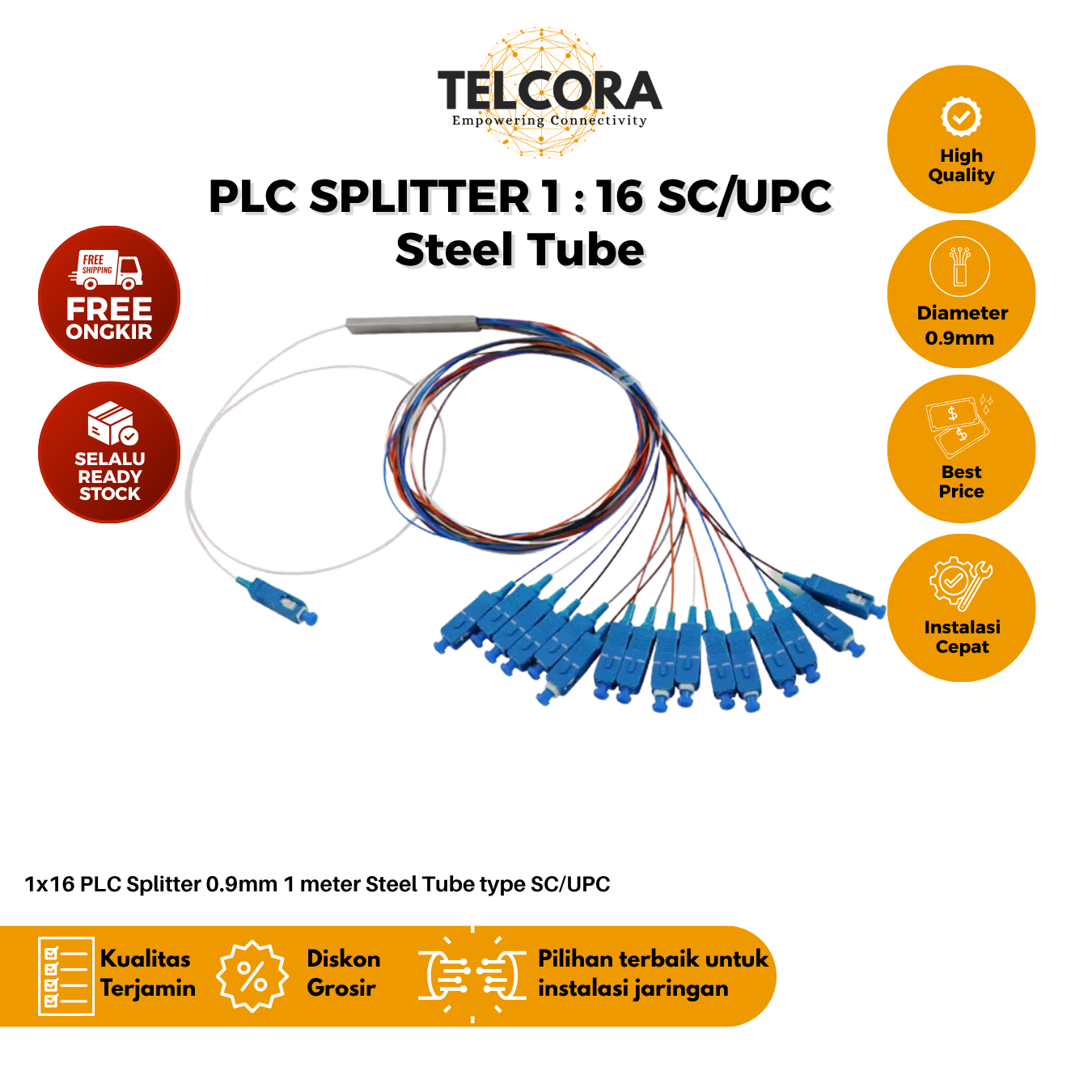 TELCORA Fiber Optic PLC Splitter 1X16 Steel Tube SC/UPC 1:16 SM Singlemode 0.9mm 1 Meter G657A1 FTTH - Gambar 4