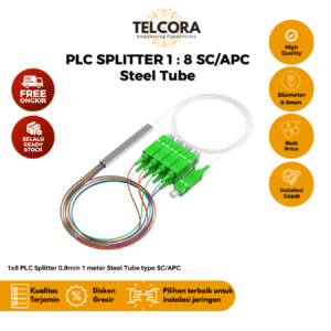 [TEST] TELCORA Fiber Optic PLC Splitter 1X8 Steel Tube SC/APC 1 : 8 SM Singlemode 0.9mm 1 Meter - FTTH (Copy)