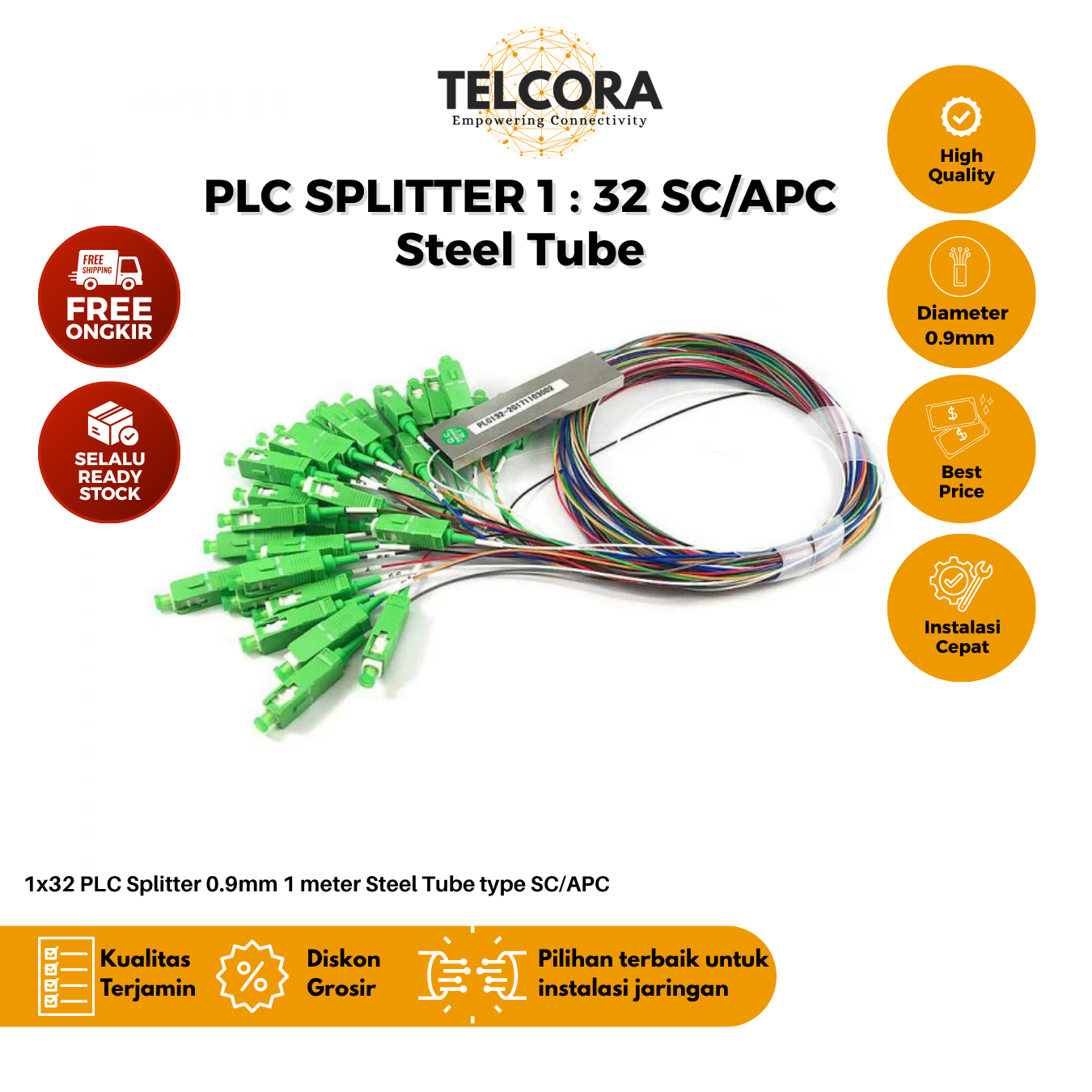 TELCORA Fiber Optic PLC Splitter 1X32 Steel Tube SC/APC 1:32 SM Singlemode 0.9mm 1 Meter G657A1 FTTH - Gambar 3