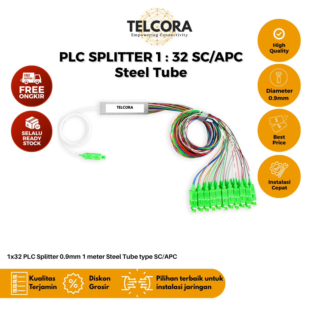 TELCORA Fiber Optic PLC Splitter 1X32 Steel Tube SC/APC 1:32 SM Singlemode 0.9mm 1 Meter G657A1 FTTH - Gambar 4