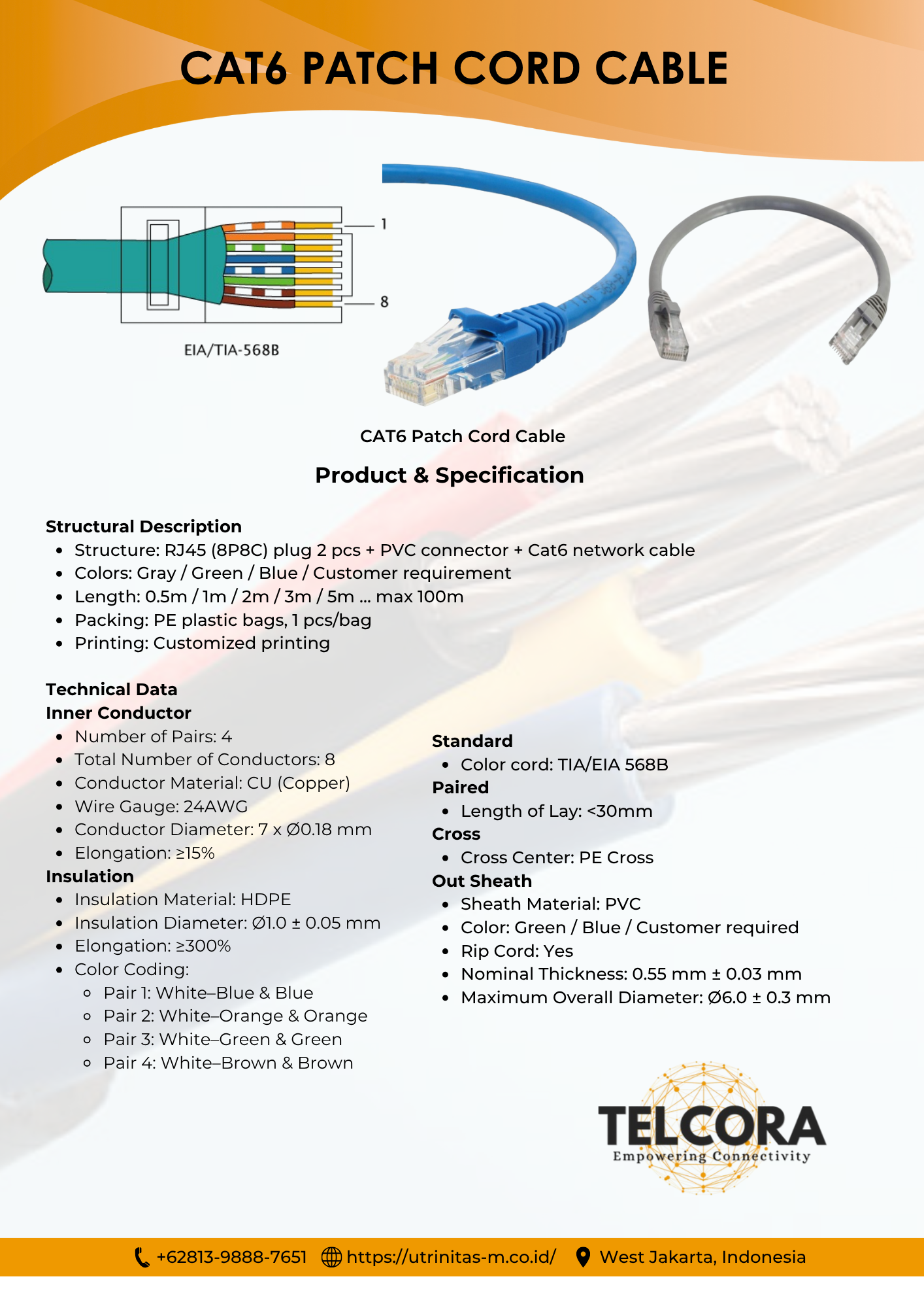 TELCORA Kabel LAN Patch Cord UTP Cat6 RJ45 CU (Copper) PVC Gigabit Ethernet - Gambar 9